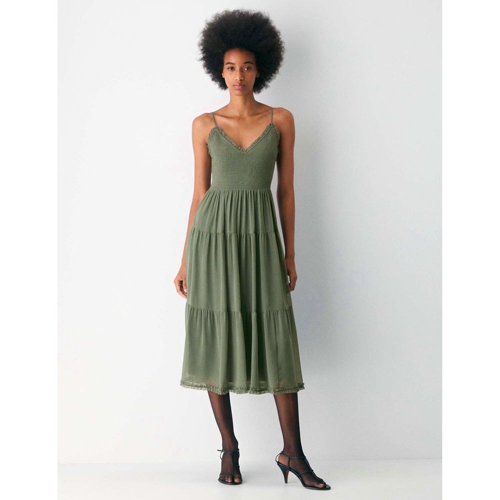 Wilfred Women's Green Smocked V-Neck Spaghetti Strap Midi Dress XL NWT $188
